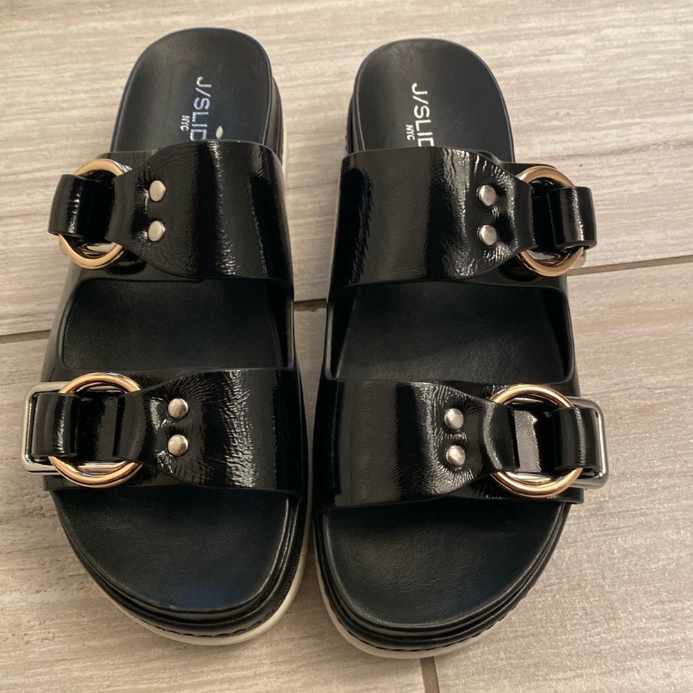 J Slides Black Patent Slide Sandals with Gold Buckles